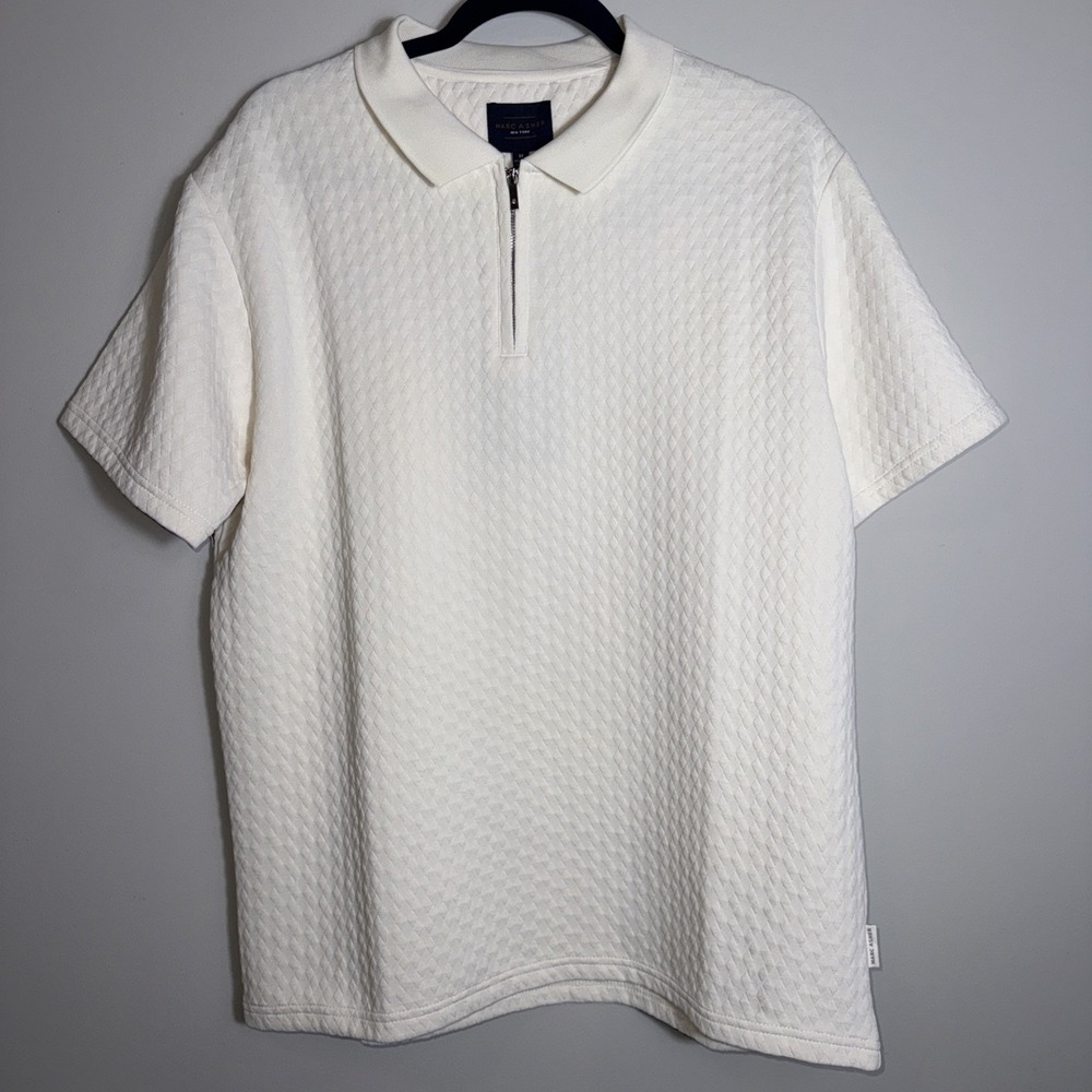Marc Asher Mens Textured Polo Golf Shirt Short Sleeve Off White Zip Collar Sz‎ M